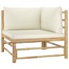 3 Piece Patio Lounge Set with Cream White Cushions Bamboo