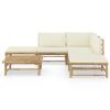 6 Piece Patio Lounge Set with Cream White Cushions Bamboo