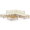 6 Piece Patio Lounge Set with Cream White Cushions Bamboo