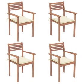 Patio Chairs 4 pcs with Cream Cushions Solid Teak Wood (Color: Cream)