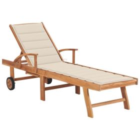Sun Lounger with Cream Cushion Solid Teak Wood (Color: Cream)